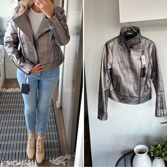 Mackage for Aritzia Women's Jacket Metallic Silver Leather New Moto Biker Sz M - Picture 8 of 17